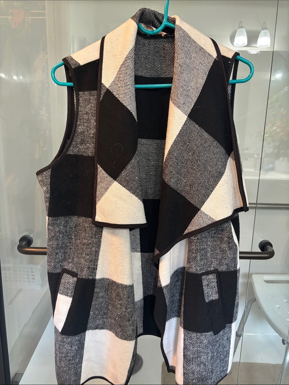 Black & White Plaid Open Front Vest